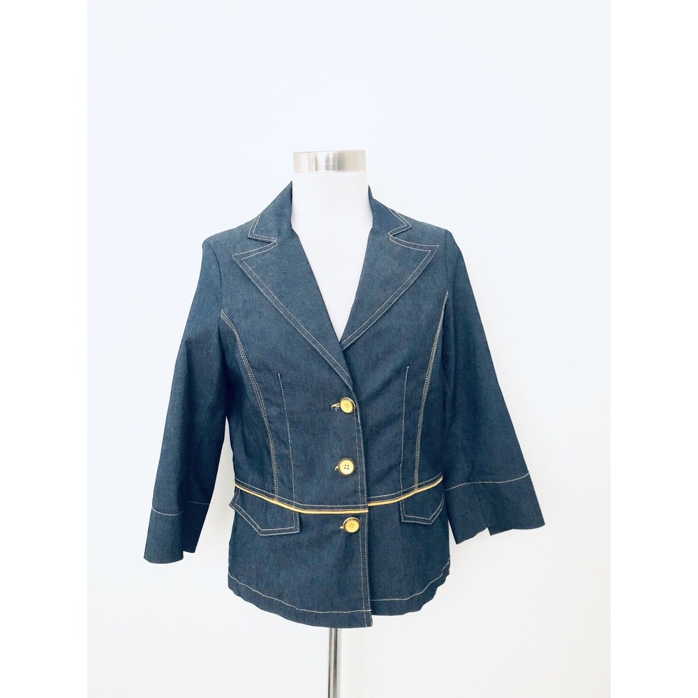 VTG Earl Jean Blazer Denim Yellow Trim Button Front Fitted Jacket Size Large